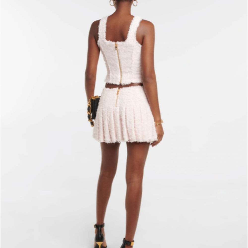 Balmain Barbie Pink Pleated Mini Skirt Boucle Tweed Size 38, Super Flattering!